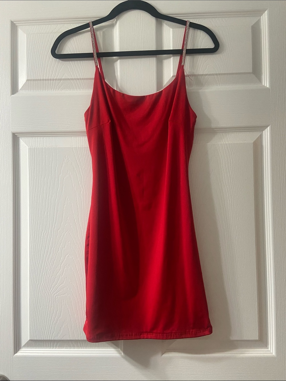 iris Red Satin Slip Chemise with Sparkle Spaghetti Straps